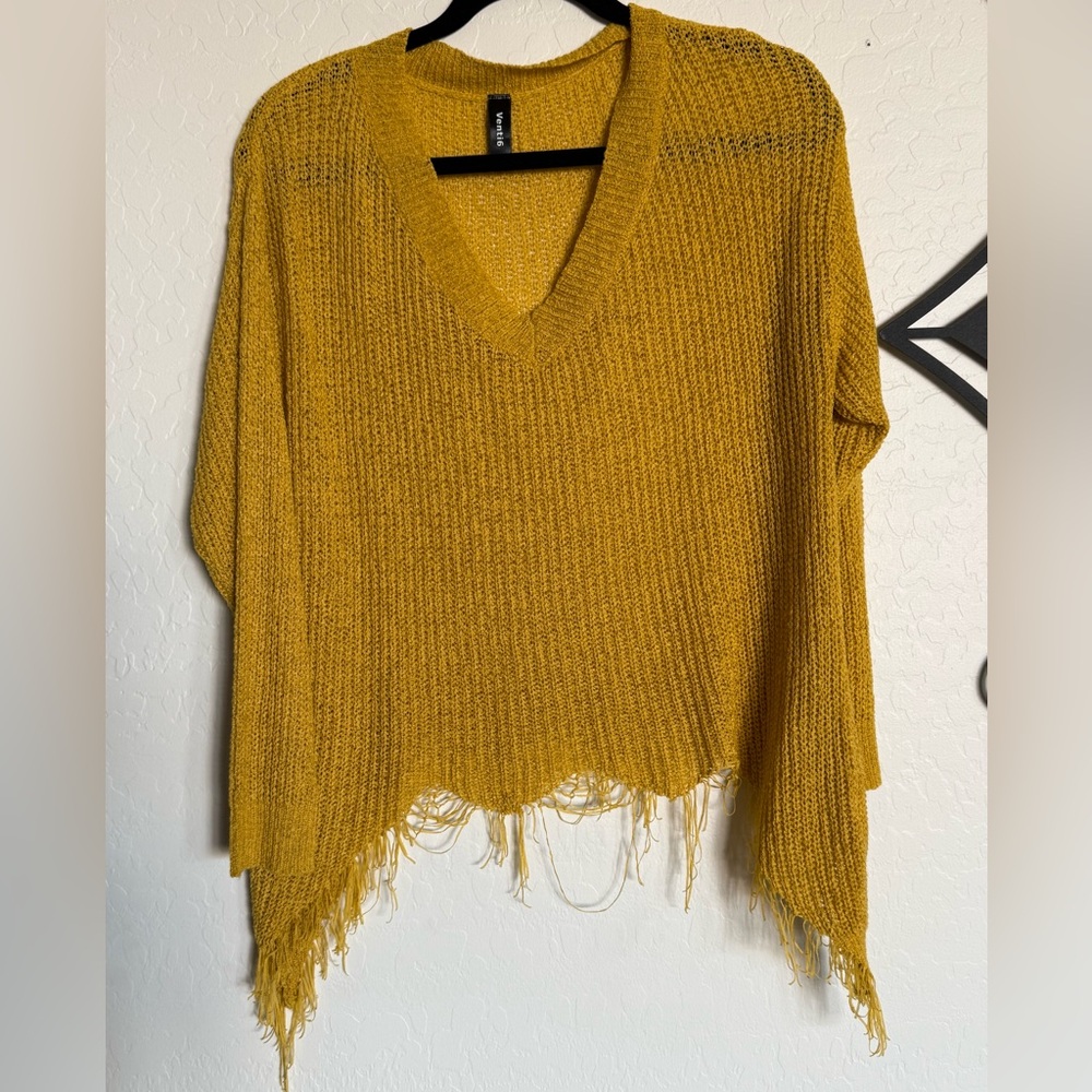 VENTI6 Women’s Mustard Yellow V-Neck Destructed Fringe Sweater - Med
